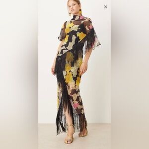 NWT ASOS DESIGN chiffon fringe detail maxi dress in dark based print